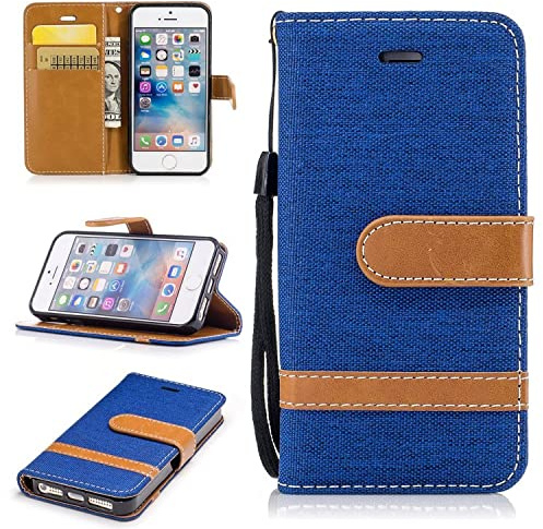 König Design Handyhülle für Apple iPhone 5 / 5s / SE 2016 Kunstlederhülle mit Kartenfächer, Schutzhülle mit Standfunktion, Klapphülle Tasche - Blau - Stoff
