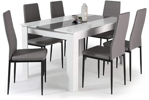IDMarket – Conjunto de mesa de comedor Georgia 140 cm blanco y gris y 6 sillas romane grises
