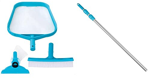 Intex 29056 Set di Pulizia Basic, Retina, Spazzola, Blu Bianco, 34.3 x 9.5 x 47.6 Cm & 29055 Asta Telescopica in Alluminio, Lunghezza 279 Cm, Argento Blu