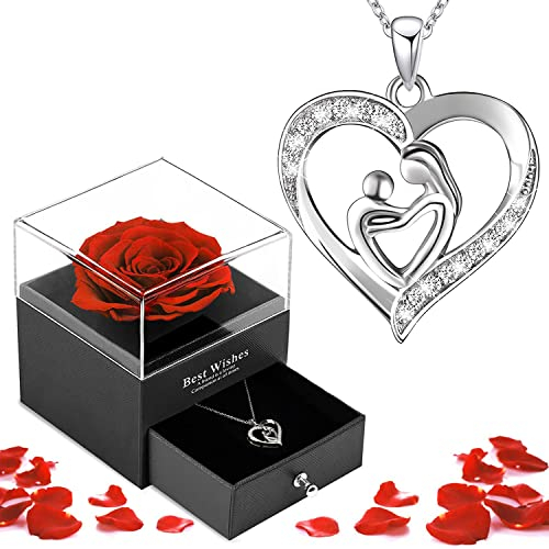 LIHELEI Rose Eterna Regalo Día de la Madre, Collar de la Cadena del Corazón de la Caja de Joyería, Regalo de Joyería con Flores de Rosa Real para el Día de la Madre y Cumpleaños - A
