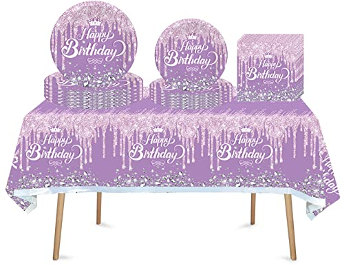 ATBEAMEN 41Pcs Purple Shiny Birthday Party Tableware Decorations for Girls,Kids,Women Birthday-Disposable Set Sliver Table Cloth,7inch,9inch Paper Plates,Napkins Her