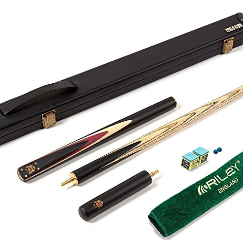 BCE Heritage Sapele Snooker-Queue, Mahagoni, ¾-Schnitt, 145 cm - 9,5 mm Spitze, mit 15 cm Verlängerung und Hartschalenkoffer + Zubehörpaket inklusive ROS Elchspitzen, Dreieckkreide und Riley