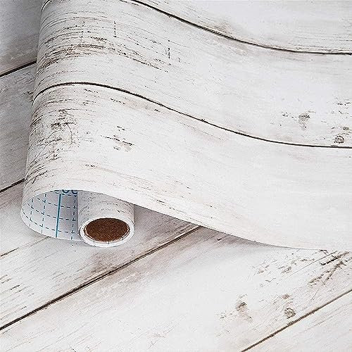 Papier Peint Autocollant Mural, Papier Peint Effet Bois Blanc Gris Film Vinyle Auto-Adhésif Rouleau de Plastique Arrière Collant Décoratif pour Meubles Muraux Tables Portes D'armoires(44.5cm X 10m)