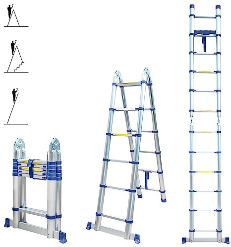 Escalera telescópica articulada de 3,8 m STEMPAKT, escalera de 2 x 6 peldaños plegable profesional multifunción, altura de trabajo máx. 4,7 m, garantía de 5 años Hoström