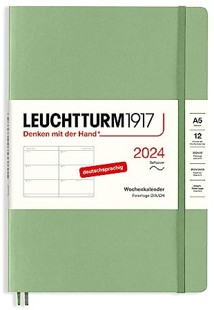 LEUCHTTURM1917 367661 Wochenkalender Medium (A5) 2024, Softcover, Salbei, Deutsch, 12 Monate