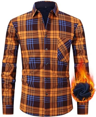 Hemdjacke Herren Kariertes Winterjacke Langarm Thermohemd Fleece Gefüttert Freizeit Jacke Casual Button Down Langarmshirt Flanellhemd für Herren Orange-P5-L