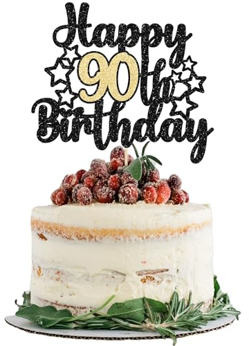 Gyufise 1 Pc Happy 90th Birthday Cake Topper Black Gold Glitter Cheers to 90 Years Birthday Cake Pick 90 Fabulous Cake Decoration for Birthday Theme