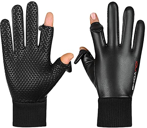 QWUVEDS Herren Winter Flipable Two Fingers warme wasserdichte winddichte Lederhandschuhe Stoff Handschuhe Winter (C, One Size)