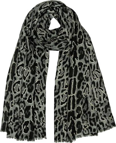 Caspar SC511 Damen Schal mit stylischem Leo Animal Print und goldenen Akzenten, Farbe:grau, Accessoires:One Size