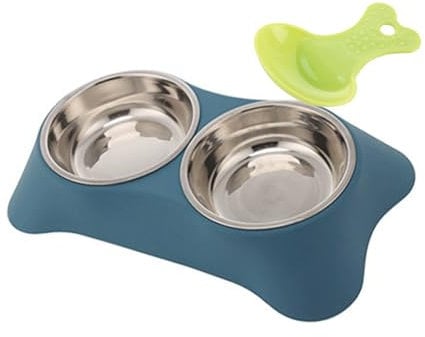 Double Dog Bowl,Non Slip Non-spill Stainless Steel Double Bowl with 1 Pet Food Spoop For Small Dogs and Cats (Dark Blue, M)