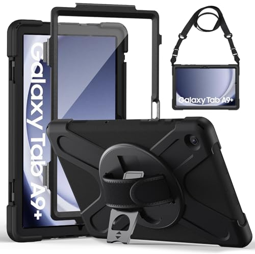 Gerutek Funda Anticaída para Samsung Galaxy Tab A9+ / A9 Plus 11 2023 (SM-X210/X216/X218), Funda Resistente con Protector de Pantalla, Soporte 360° Giratorio, Correa de Mano/Hombro, Portalápiz, Negro