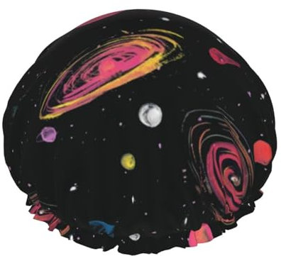 Bonnet de douche réutilisable pour femmes, voie lactée, ciel étoilé, double bande élastique imperméable, chapeau de bain, ourlet extensible
