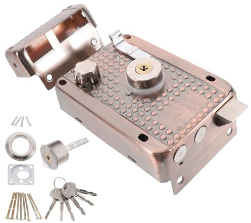 Veemoon Door Rim Lock Hardware, Vintage Heavy Duty Door Lock Vertical Keyway Cylinder Deadbolt Lock Set Metal Exterior Doors Lock Anti-Theft Door Locks for Home Warehouse Safe (1 Set)