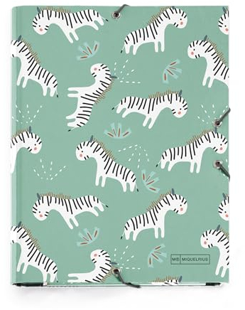 Miquelrius - Ordner mit Klappen A5, 185 x 245 x 20 mm, fester Karton, Gummiverschluss, Zebra-Kollektion