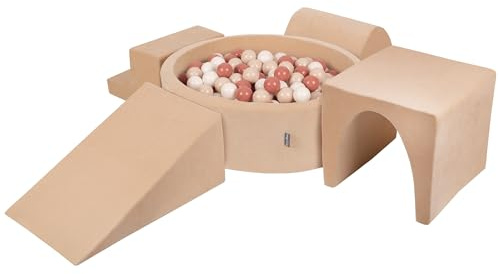 KiddyMoon Spielplatz Velvet Aus Schaumstoff Mit Samt Rund Bällebad (300 Bälle) Ballgruben Für Babys Spielbad Hindernisläufen, Sandbeige:Pastellbeige/Lachsfarben/Weiß