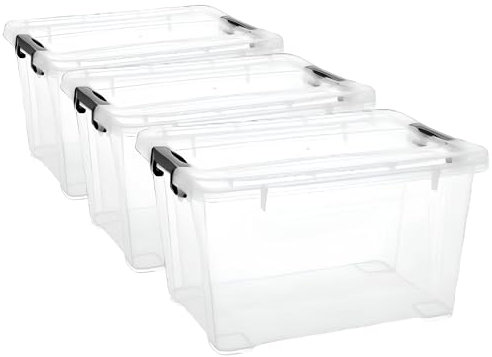 Boite Rangement Plastique avec Couvercle - 20L - Lot de 3 - Caisse Transparent - Clips de Fermeture - Poignée - Empilable - Plastique Renforcé - Idéale pour la Chambre, Garage - Fabricant Français