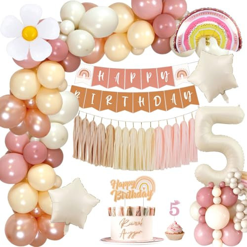 YYDSXK Geburtstagsdeko Mädchen 5 Jahre, Boho Retro Rosa Kindergeburtstag Deko mit Happy Birthday Banner, Tassel, Folie Stern Luftballon, Cake Topper, Boho Party Deko für Geburtstag Mädchen 5 Jahre
