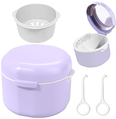 BORISCA Caja Ferula Dental, Limpiador Ferula Dental Caja Limpieza, Caja Aparato Dental con Filtro y Cestillo, Funda Ferula Dental para Guardar y Limpiar Dientes Postizos (Púrpura)