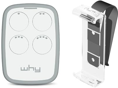 1Control Why, Mando a Distancia Universal, 4 Botones + Clip para Fijar al Parasol, Abre cancelas y Puertas de Garaje, Copia 750 mandos a Distancia de código rodante, Controla hasta 4 entradas, Blanco