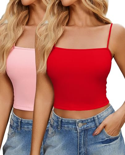 Ekouaer Canottiera da Donna Confezione da 2 Sexy Estiva Senza Maniche Corta Canotta Basic Spaghetti Casual Y2k Tank Top Rouge + Rose XL