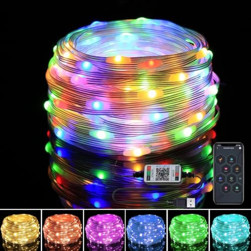 Lichterkette Außen Bunt 20m, RGB LED Lichterkette, 20M 200LED IP65 Wasserdichte Lichterkette Bunt mit Timer, Bluetooth APP Gesteuert, USB Lichterkette Außen für Garten Weihnachten Party Dekoration