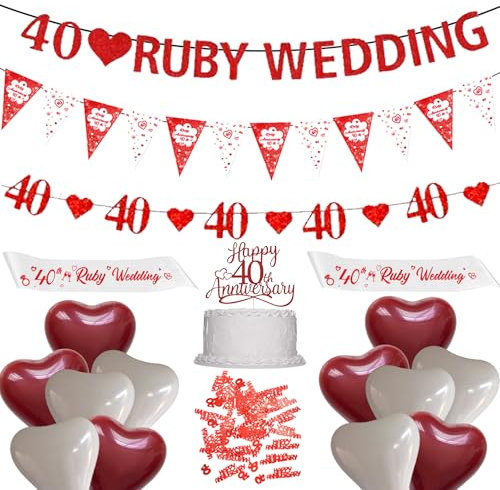 40th Ruby Wedding Anniversary Decorations - 18Pcs Red Heart Balloons 40th Ruby Wedding Banner Triangle Bunting Cake Topper For Men Women Couple Anniversary Valentine Party Decor Supplies