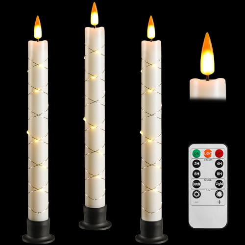 Da by LED Stabkerzen mit Fernbedienung und Timer, batteriebetriebene Kerze mit Lichterketten, 3D dynamisch simulierte Flamme, 3 schwarze Basen, 3 Stück, elfenbeinfarbene für Wohnkultur