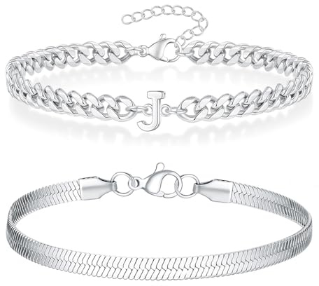 ZENGSING Herren Armband Edelstahl Armbänder Panzerkette Armband Herren mit Buchstaben 2 Stücke Silber Herrenarmbänder A-Z Armband Geburtstag Geschenke für Männer Papa Freund Sohn Bruder Ehemann (J)