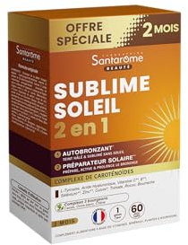 Santarome Bio - Sublime Soleil 2 en 1 - Autobronzant & Préparateur Solaire - Complément alimentaire solaire - Caroténoïdes & Plantes - Offre spéciale 2 mois - 60 gélules - France