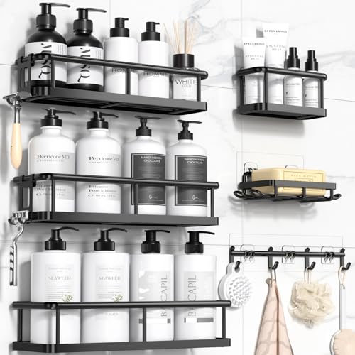 YASONIC Duschablage ohne Bohren 6 Stück Große Kapazität Badezimmer Organizer, Duschregal ohne Bohren mit Seifenhalter und 12 Haken, Rostfrei Shampoo Halterung für Dusche, Duschhalterung Schwarz