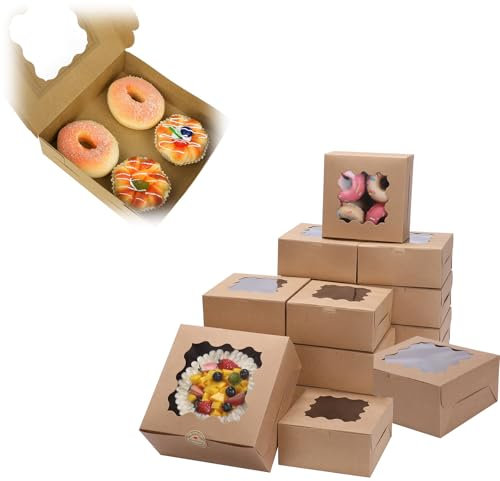 Hsyadazi 10 Stück Kraftpapier Geschenkboxen für Gebäck mit Sichtfenster, Braune 6 Zoll Großes Wellenfenster, Verpackung Macarons Box Partycontainer