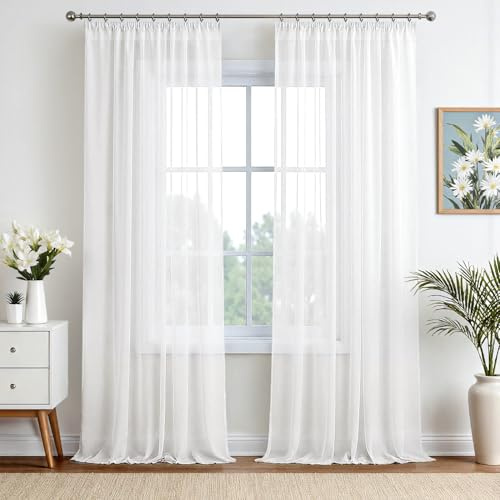 EMEMA Gardinen Vorhänge mit Kräuselband 2er H260xB140cm Weiß Voile Vorhang