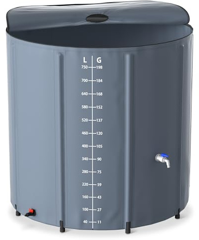 XMTECH Tonel plegable para agua de lluvia - Tanque de lluvia con rejilla de entrada de agua y válvula de drenaje, tanque de agua de lluvia ideal para regar o limpiar su jardín, 750L, gris oscuro