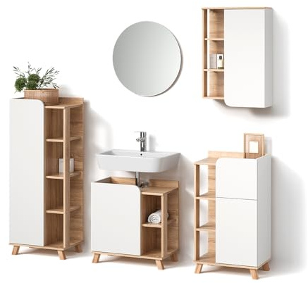 Livinity Badmöbel-Set Marano, Sonoma/Weiß 60 cm | 5-teilig · Waschtischunterschrank · Spiegel · Midischrank · Badregal · Hängeschrank