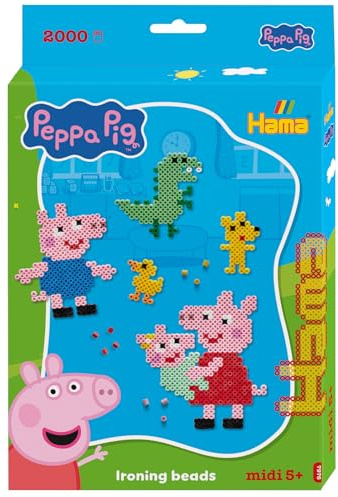 Hama Perlen 7976 Peppa Wutz & Schwester, kleine Geschenkpackung mit 2000 Midi-Perlen, transparente Stiftplatte, Motivvorlage, Bügelpapier und Anleitung, Bastelspaß für Groß und Klein