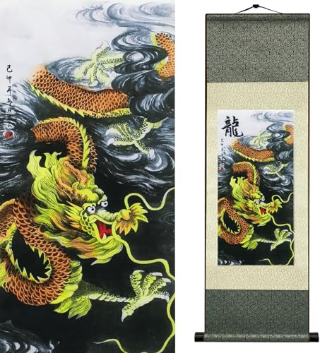 Newscz Wandkunst Seidenrollen Mythisches Tier Drache Goldener Drache Wandbehang Asiatisches Kunstwerk Hausdekoration für Schlafzimmer Wohnzimmer 92x30 cm - Moderne Wanddekoration (HJ-L001)
