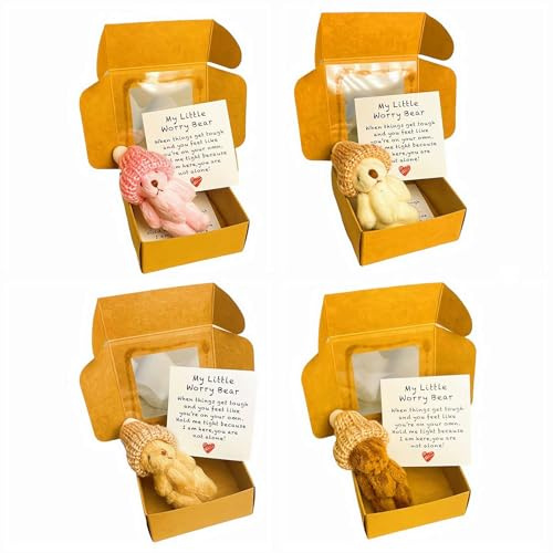 Sorgenbär in einer Box, kleiner Taschenbär-Umarmung, handgefertigter Mini-Plüsch-Teddybär in Box, kleiner Taschenbär, gefüllter Sorgenbär, mit Strickmütze und Bommel, emotionale Unterstützung