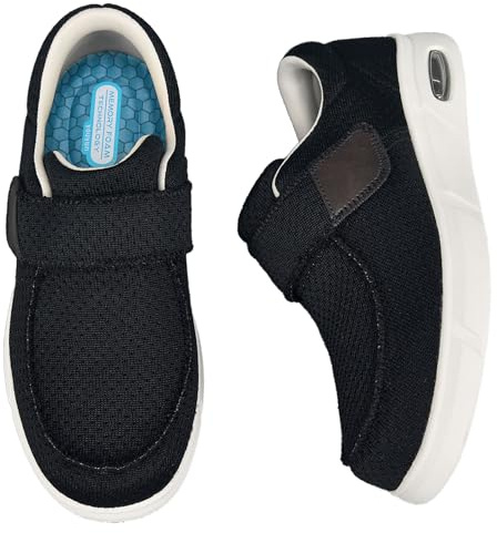 AZMAHT Scarpe Comode Anziani Slip-On Uomo Ortopediche con Strappo per Pianta Larga Senza Lacci Pantofole Diabetici Sneaker Infilare Cuscino d'Aria,Nero,46 EU