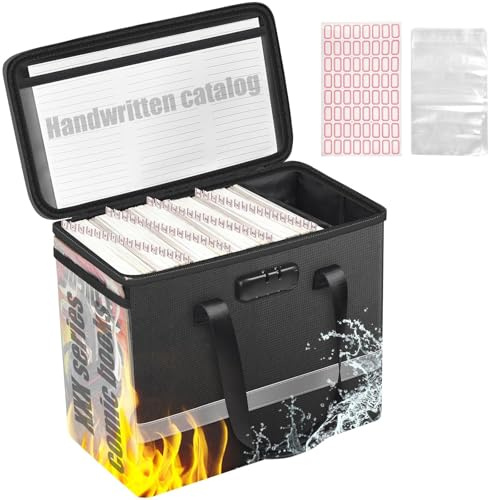 Nexazen Fireproof Comic Book Storage Box, Holds 140+ Comics | Includes 50 Protective Bags, Adjustable Divider, Combination Lock, Label Stickers and Catalog, Black