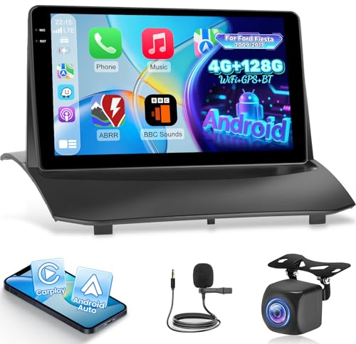 Autoradio NHOPEEW 4+128G Android pour Ford Fiesta 2009-2017 avec Carplay sans Fil et Android Auto - Écran incell 9 Pouces Prise en Charge WiFi GPS Commandes au Volant + Caméra de recul, Canbus