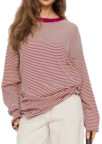 LEEDYA Striped Long Sleeve Shirt Women Oversized Crewneck Striped Sweatshirt Y2K Pullover Top 2026 Fall Outfits Fashion Clothes Red M