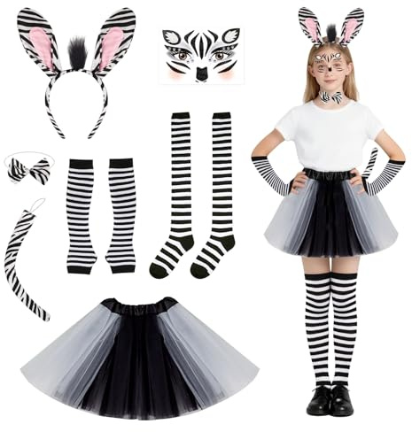 Shinybox Zebra Kostüm Set, 7 Stück Tierohren Schwanz Handschuhe Socken Rock Krawatte mit Temporäres Gesichtstattoo, Zoo Dschungel Kostüm für Cosplay Geburtstagsparty Zubehör Karnevalsparty