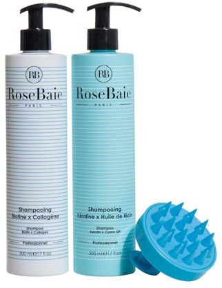 ROSEBAIE | Duo Shampoing Pousse et Antichute | Biotine Collagène et Ricin | Stimule la Microcirculation | BROSSE MASSANTE OFFERTE | Sans Sulfate | Efficacité Prouvée | Format Économique | 2x 500ml