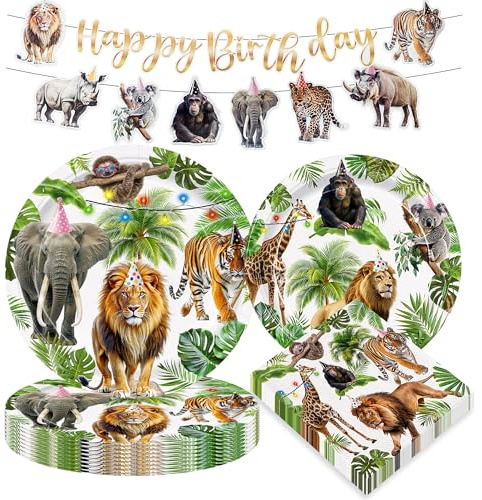 Dschungel Safari Party Dekoration Tier Teller Servietten Geburtstag Deko | Dschungel Safari Party Dekoration Set Wild One Geburtstag Deko Tier Pappteller Servietten Geburtstagsdeko
