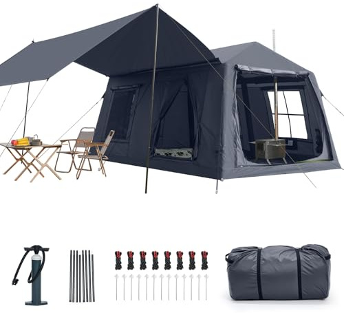 Ytaoeo Aufblasbares Zelt für 8-10 Personen Outdoor Camping Zelt mit Kaminöffnung Vordach Aufblasbares Campingzelt aus Wasserdichtem Oxford-Stoff Air Glamping Zelte