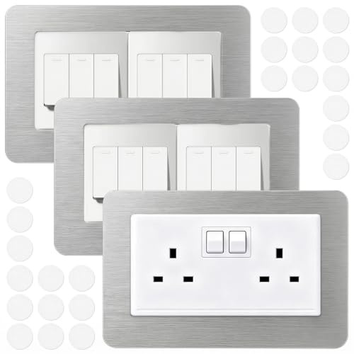 3Pcs Double Plug Socket Surround, Sliver Light Switch Surrounds Cover Plates Frame for Wall Sockets and Switches