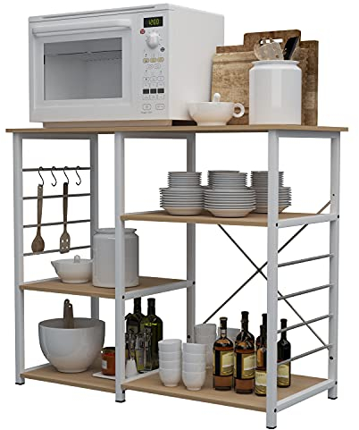 sogesfurniture Estantería de Cocina, Estante para microondas, Armario de Cocina, Nivel de Apoyo de Cocina, Estante Abierto de pie con Ganchos, 90 x 40 x 83 cm, Estructura metálica, Arce Blanco