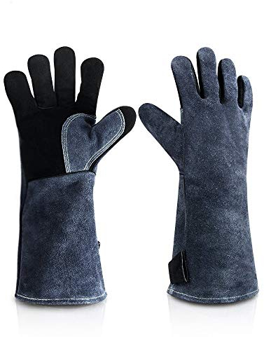 JZK 1 Par Guantes de Barbacoa, Guantes Resistentes al Calor para Soldadura Parrilla microondas Estufa Horno Chimenea, manopla Barbacoa Cuero