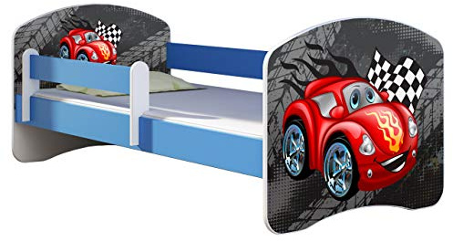 ACMA Kinderbett Jugendbett mit Einer Schublade und Matratze Blau mit Rausfallschutz Lattenrost II 140x70 160x80 180x80 (05 Rote Auto, 160x80)