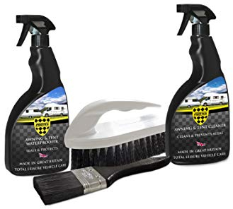 PROTEX Caravan & Motorhome Awning & Tent Care Kit. Awning & Tent Cleaner & Awning & Tent Waterproofer 500ml. ALSO INCLUDED - Iron Style Scrubb Brush & 2 Paint Brush